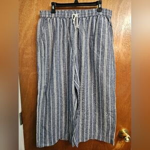 BeachLunchLounge Size XL Baggy Wide Leg Capri Blue White Striped Linen Blend